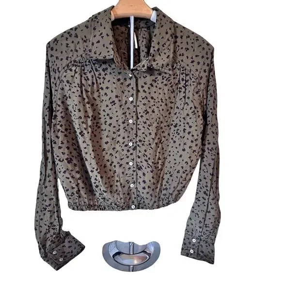 Free People Wishing Well Green Black Cheetah Crop Blouse Women Small - Picture 2 of 8
